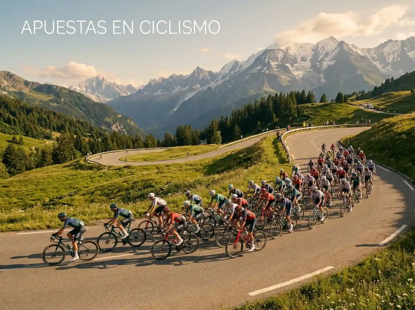 Pelotón de ciclismo profesional en carretera de montaña con paisaje alpino