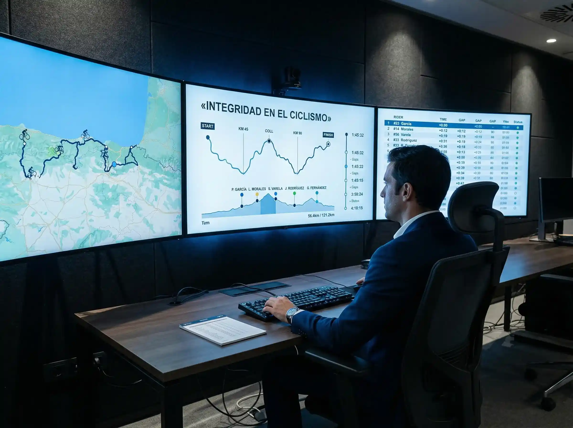 Centro de control con monitores mostrando datos de carreras de ciclismo profesional