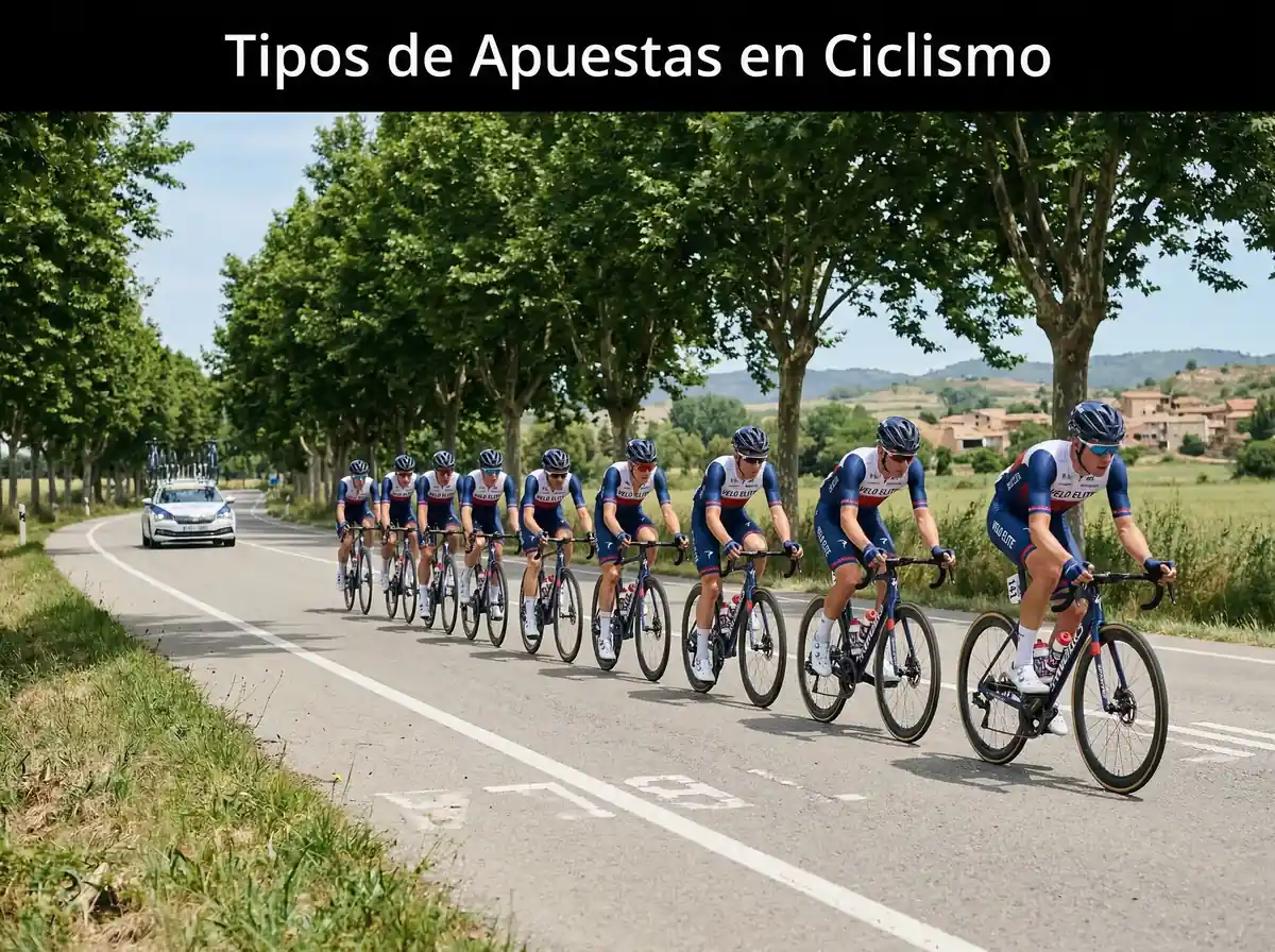 Ciclistas en peloton durante etapa llana con equipos organizados en formacion