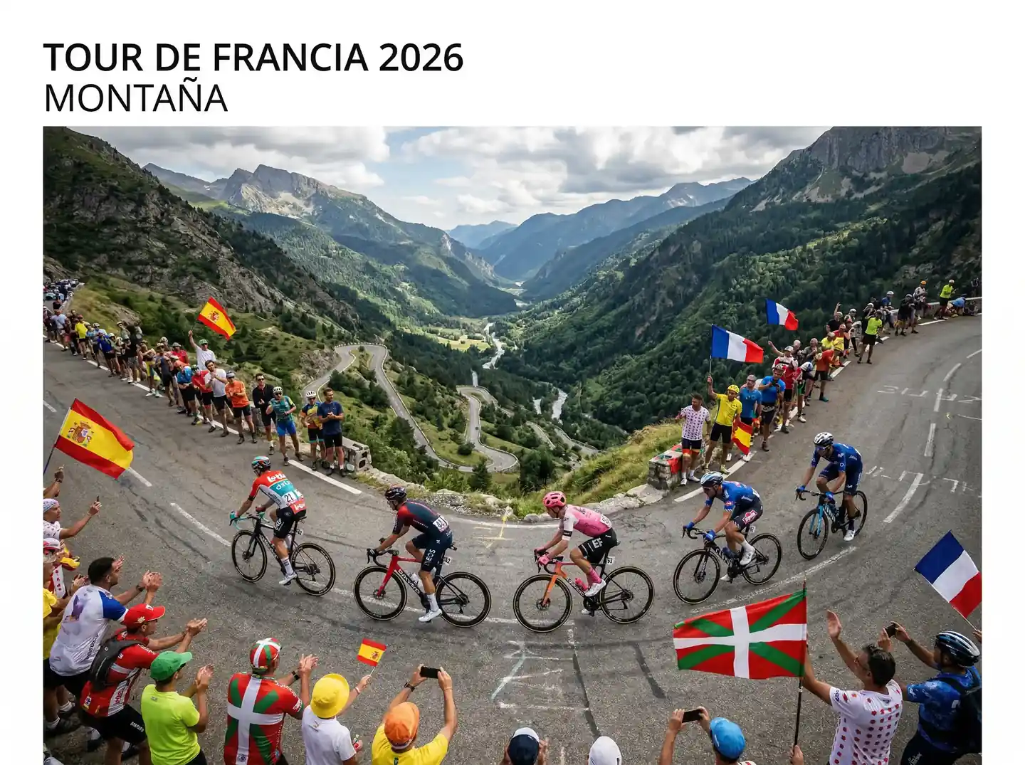 Peloton del Tour de Francia ascendiendo un puerto de alta montaña con espectadores en la carretera